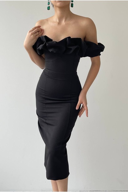 vuvutasarm Black Atlas Fabric Strapless Collar Off-Shoulder and Slit Detailed Midi Pencil Dress 219- Trendyol vuvutasarm Black Atlas Fabric Strapless Collar Off-Shoulder and Slit Detailed Midi Pencil Dress 219- Trendyol