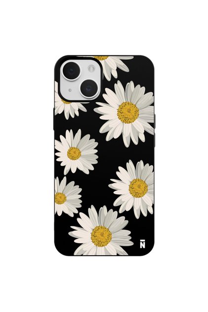 غلاف هاتف من السيليكون باللون الأسود بتصميم زهرة الأقحوان لهاتف iPhone 13