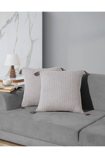 Vera Kahve 2-Piece Pompom Cushion Cover 45 X 45 cm Pillow Cushion Cover with Zipper and Tassels