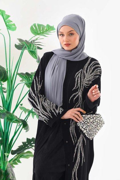 Lüks ve Şık Abaya Dubai İpeği Gümüş Abaya Tesettür Dış Giyim