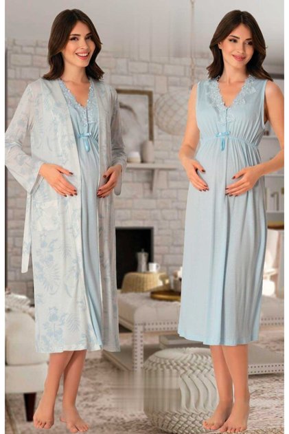 8035 Blue Collar Lace Patterned Maternity Nightgown Set with Dressing Gown