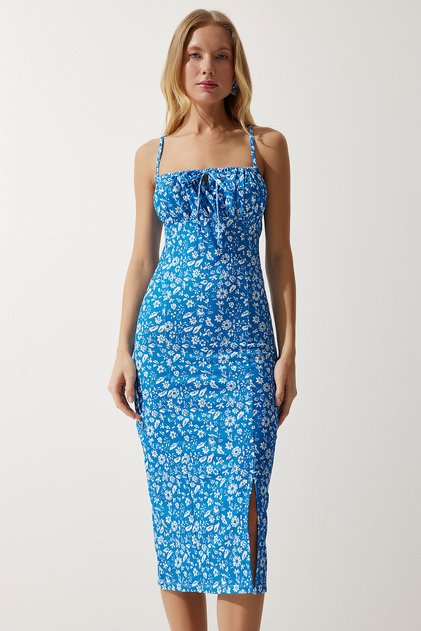 Women's Vibrant Blue White Floral Slit Summer Knitted Dress CI00029