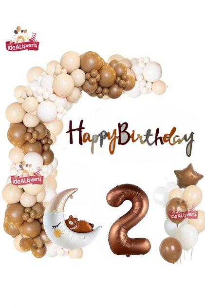 Brown 2 Year Old Heart Star Bear Moon Foil Balloon Balloon with Chain Birthday Party Set