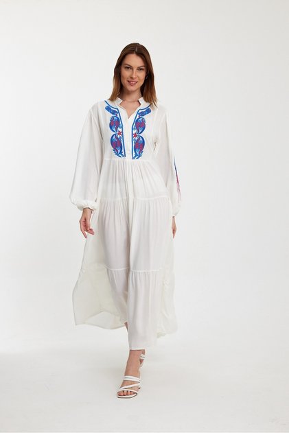 Women's White Placket Collar Embroidery Detailed Loose Long Sleeve Long Dress