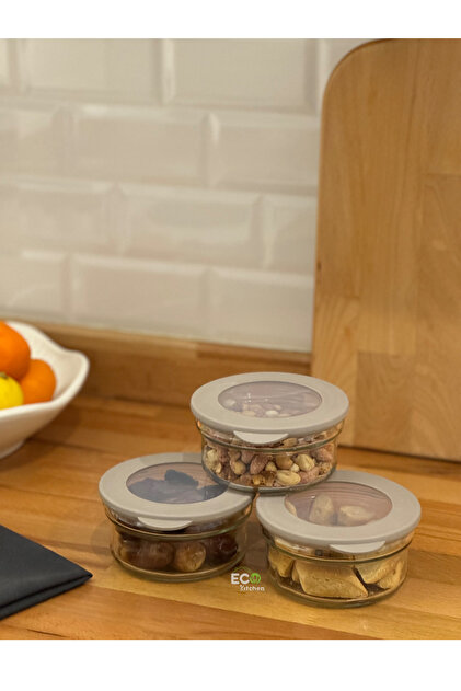 ECO KİTCHEN 3'lü Cam Saklama Kabı,Vakumlu Kapak,Kahvaltılık,Erzak