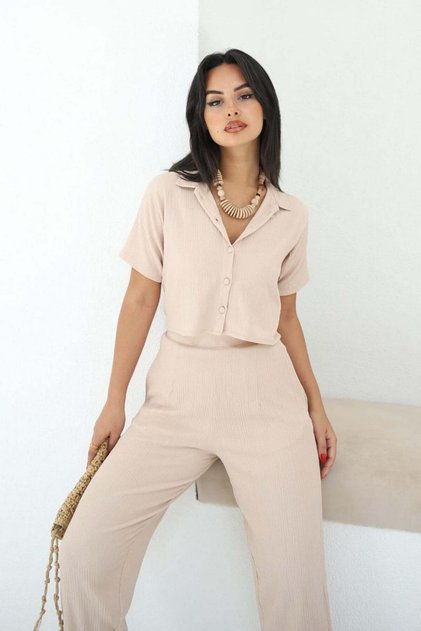 SHILSEE BEIGE BUTTON DETAILED SHIRT CROP SET