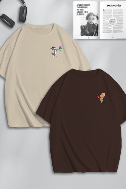 Unisex Kadın Erkek Çiçekli Tom ve Jerry Baskılı Sevgili Çift Kombini Tasarım Oversize Tshirt 2'li