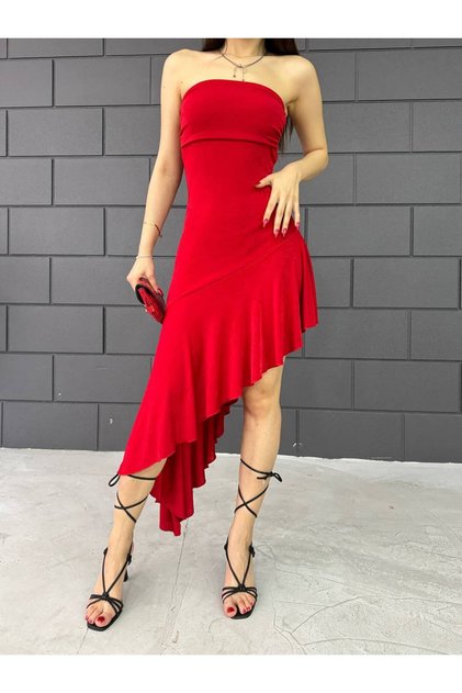 Women's Strapless Collar Asymmetrical Cut Ruffle Detailed Dress