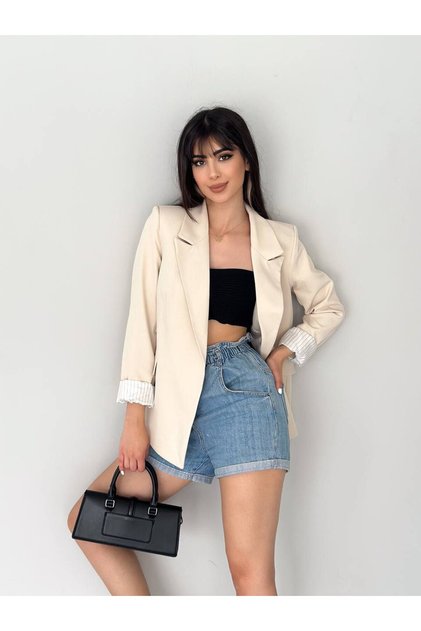 Women's Blazer Jacket with Stone Folded Sleeves and Striped Inner Lining