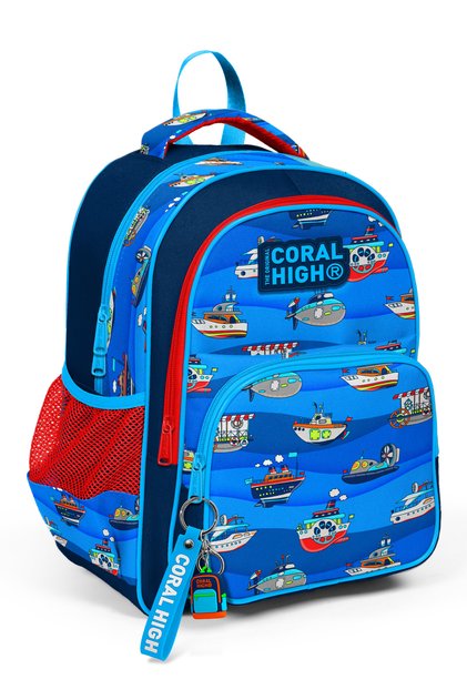 Kids Navy Blue Ship Patterned Three Compartment School Backpack 14416
