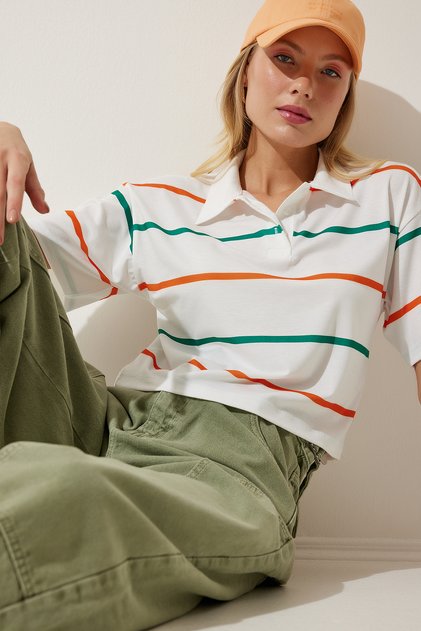 Women's Ecru Orange Polo Collar Striped Short Knitted T-Shirt HF00454