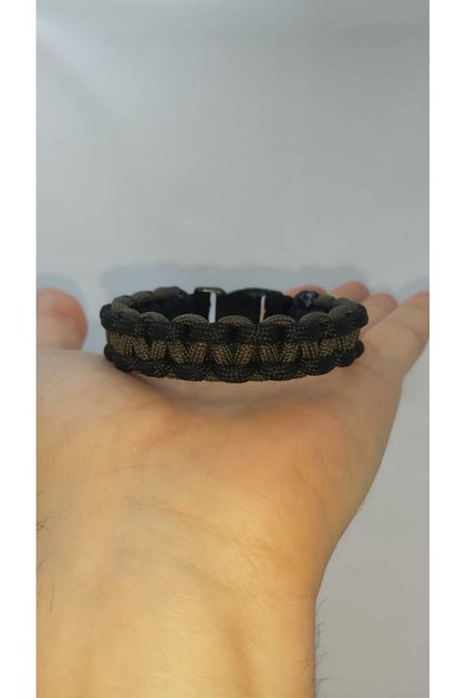Paracord Knitted Bracelet (Double Color, Black-Khaki Green, Clip, Handmade, Parachute Rope)
