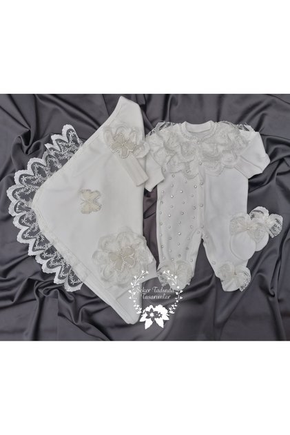 Guipure and Pearl Detailed Baby Girl Romper Set and Blanket, Religious Ceremony Outfit