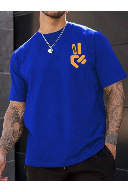 Peace Printed Crew Neck Cobalt Blue Oversize T-Shirt