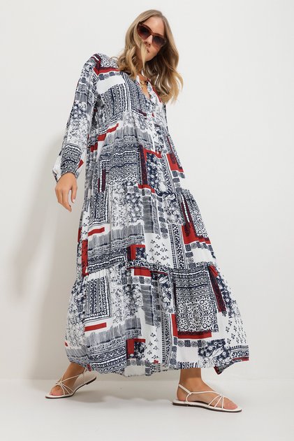 Damen Maxikleid mit Schalkragen und Muster in Zimtfarbe Alc-X11593