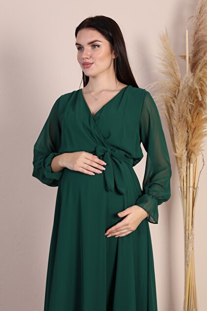 Azra Style Maternity Double Breasted Collar Belted Chiffon Dress Trendy  Wedding Engagement Henna Emerald Green- Trendyol