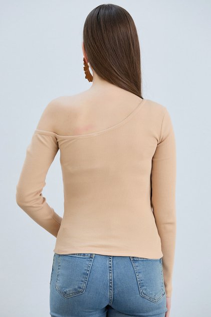 Kadın Omuz Açık Kaşkorse Basic Uzun Kollu Bluz - Bej 3
