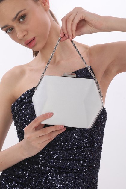 Silver Color Satin Fabric Women's Evening Dress Clutch Portfolio Wedding Engagement Henna Evening Bag