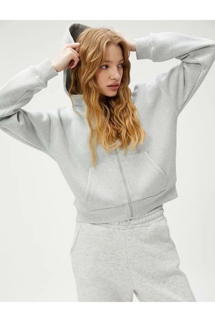 Fermuarlı Sweatshirt Kapüşonlu Cepli Uzun Kollu Gri Melanj