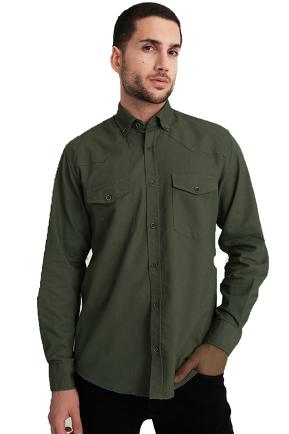 Men's Khaki Double Pocket Lycra Gabardine Fabric Denim Shirt