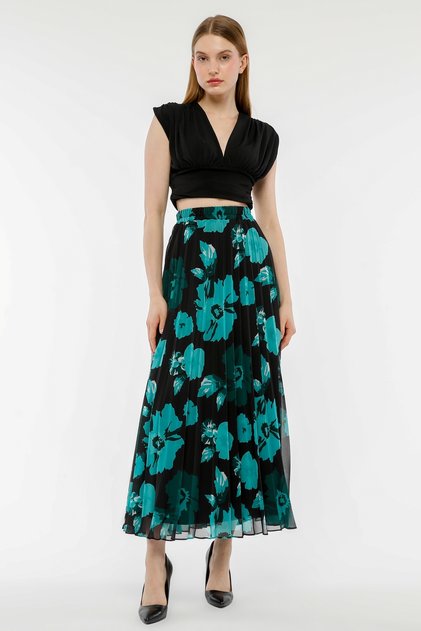 Elastic Waist Lined Soley Pleated Chiffon Skirt Qys