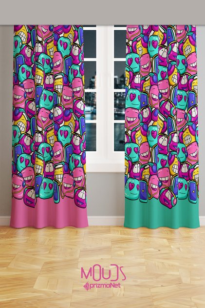 Cute Emoji Pattern Background Curtain Teen Room Living Room Suede Printed Extrafor Drawstring 2 Sash PRD-2025