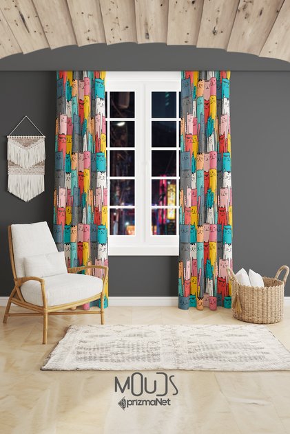Stray Cat Patterned Background Curtain Youth Room Living Room Suede Printed Extrafor Drawstring 2 Sash PRD-2013