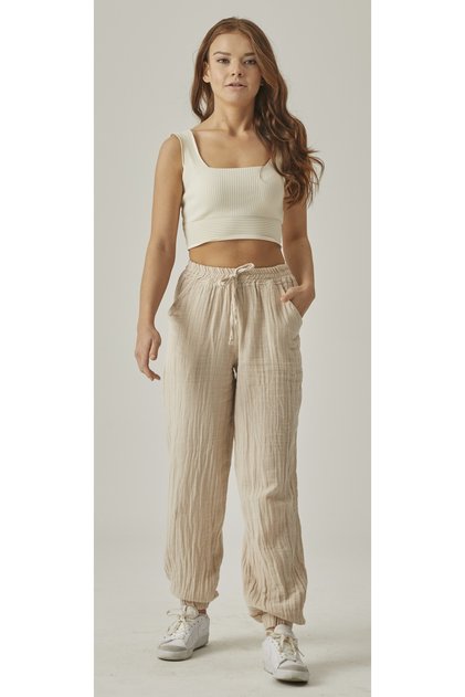 MUSLIN HIGH WAIST ELASTIC TROUSERS