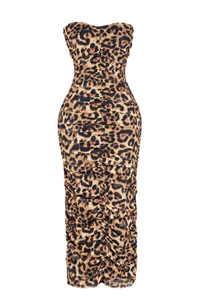 Trendyol Collection Multicolored Body Fitted Leopard Print Draped Tulle  Stylish Evening Dress Night Graduation Dress Tprss24El00058- Trendyol