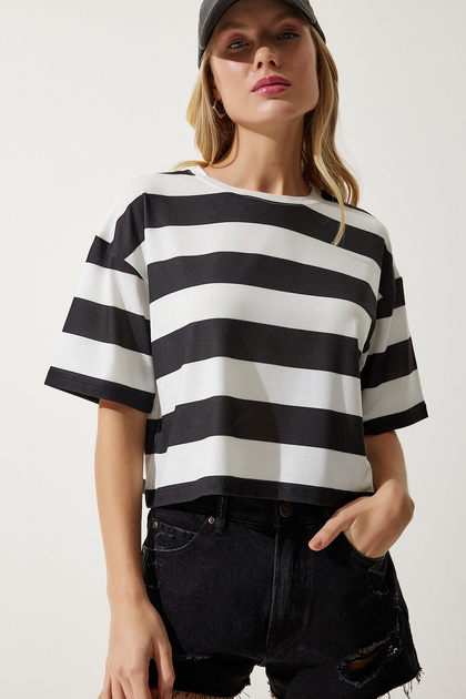 Tricou tricotat crop cu dungi, alb, negru, pentru femei HF00452
