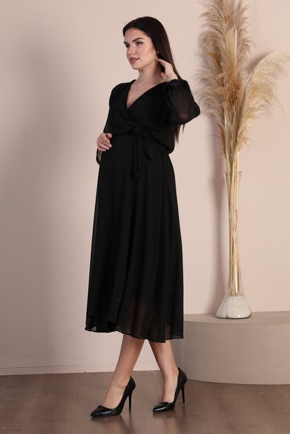 Maternity Double Breasted Collar Belted Chiffon Dress Trend Wedding Engagement Henna Black