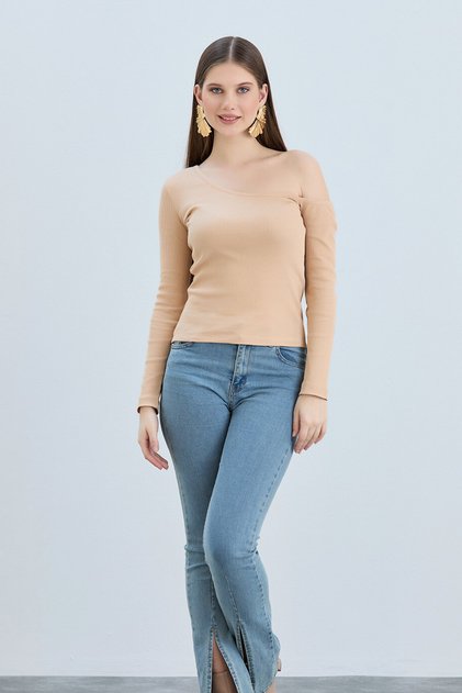 Kadın Omuz Açık Kaşkorse Basic Uzun Kollu Bluz - Bej 4