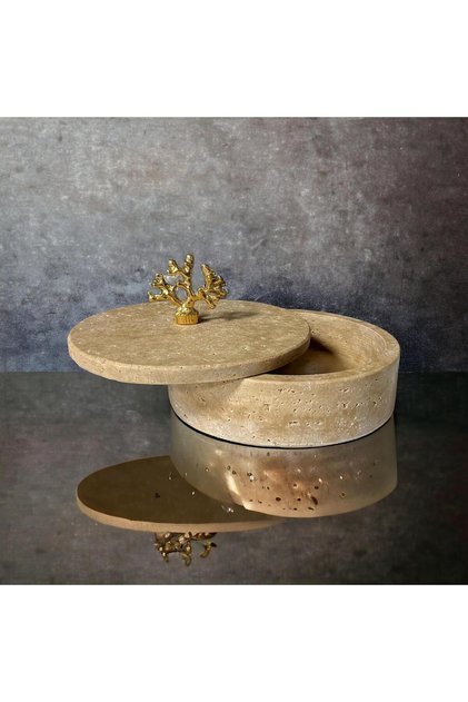 Traverten Yuvarlak Kase Gold Mercan Kapaklı
