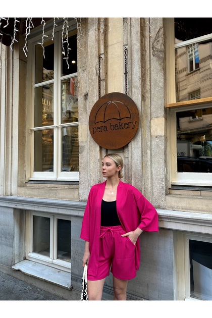 Bedrucktes Kimono-Set mit tiefen Schultern und Shorts für Damen