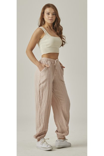 MUSLIN HIGH WAIST ELASTIC TROUSERS