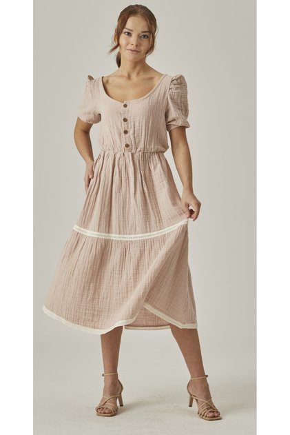 MUSLIN WATERMELON SLEEVE MIDI SIZE SCURFED DRESS