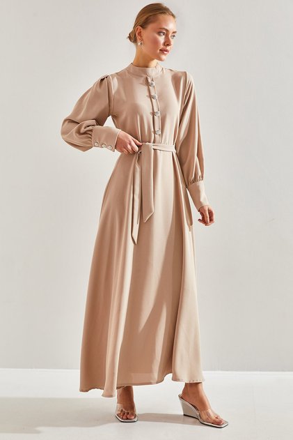 Women's Beige Modest Dress with Stone Buttons on the Collar and Sleeves 60151011