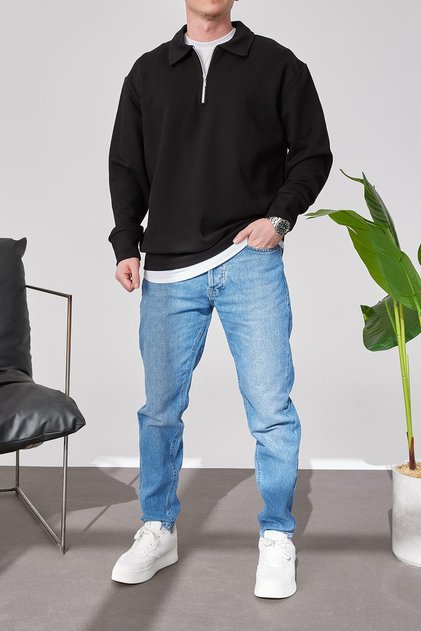 Men's Polo Neck Oversize Black Sweatshirt Half Zipper Sweatshirt