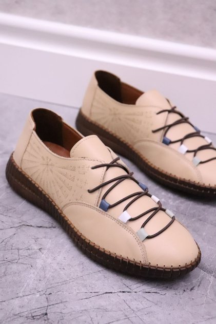 -24370001 Beige Genuine Leather Comfortable Women's Casual Shoes