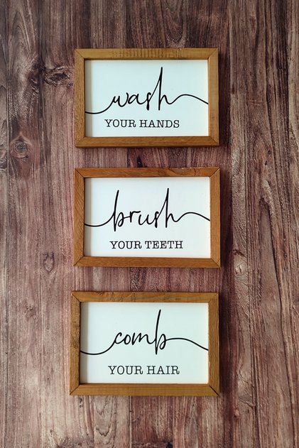Banyo, Wash Your Hands, Brush Your Teeth, Comb Your Hair, Ahşap Çerçeveli Tablo Seti