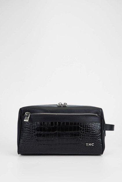 Men's Genuine Leather Black Crocodile Shaving Bag
