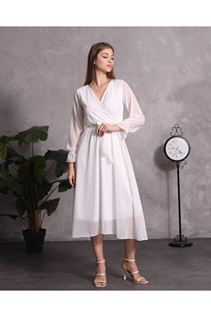 Azra Style Double Breasted Collar Belted Chiffon Dress New Season