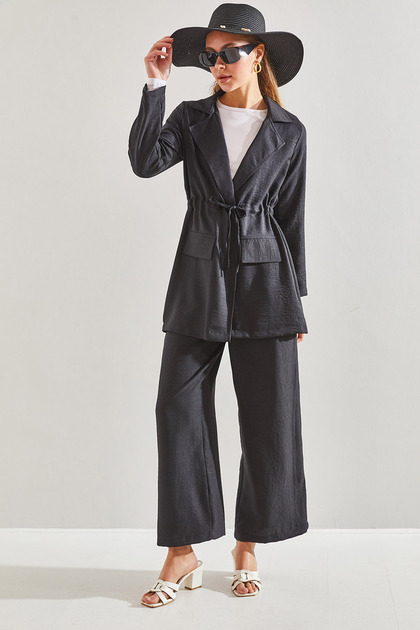 Women's Black Modest Elastic Waist Jacket and Pants Hijab Set 60151008