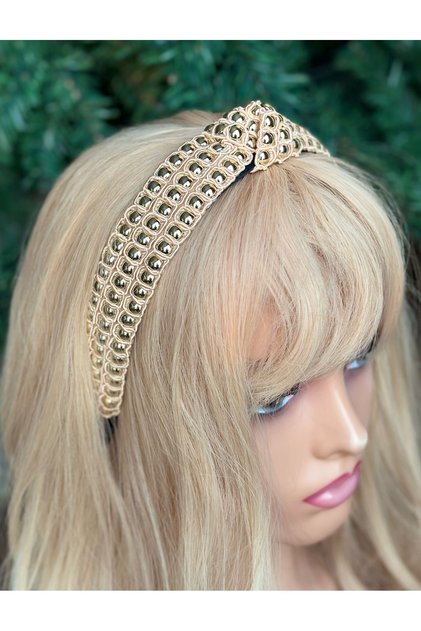 French model luxury trend design wide knot bright staple stone beaded crown women's crown beige cream