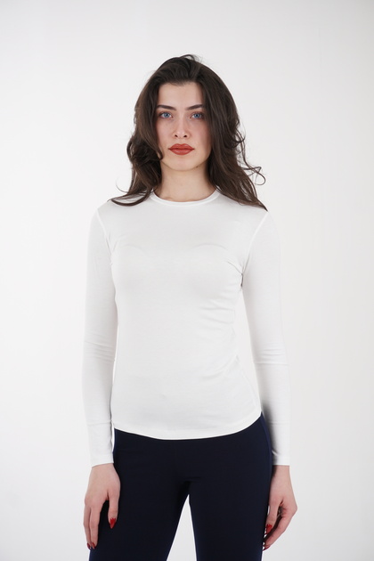 Kadın Ekru Bisiklet Yaka Basic Ultra Soft %95 Pamuk Uzun Kollu Penye Bluz