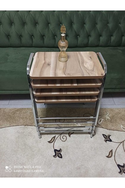 4'lü Zigon Sehpa Tepsi Zigon Model Nikelaj Kaplama Metal Ayaklı Ahşap Desen