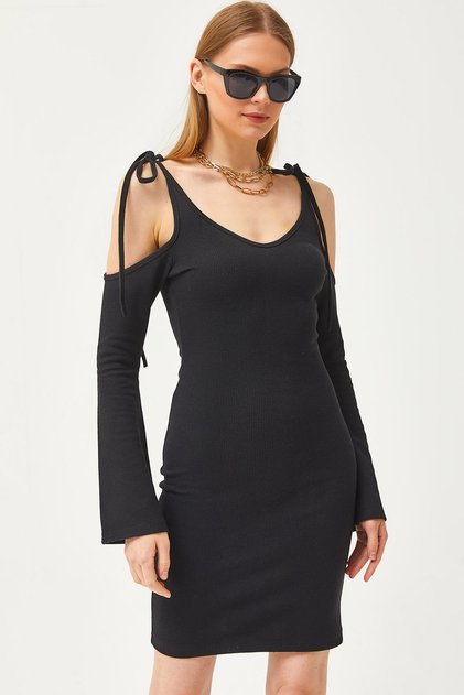 Women's Black Strap Tie Spanish Sleeve Waffle Dress ELB-19002078
