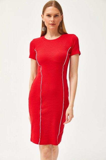 Women's Red Stripe Detailed Lycra Mini Cotton Dress ELB-19002066
