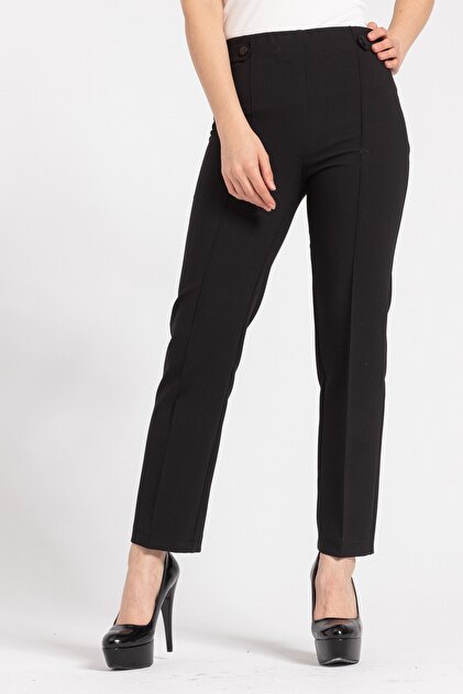 Jument Kadın Yüksek Bel Önü Dikişli Beli Apoletli Düğmeli Boru Paça Kumaş Pantolon-siyah - 2