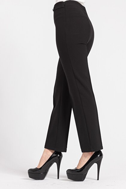 Jument Kadın Yüksek Bel Önü Dikişli Beli Apoletli Düğmeli Boru Paça Kumaş Pantolon-siyah - 3